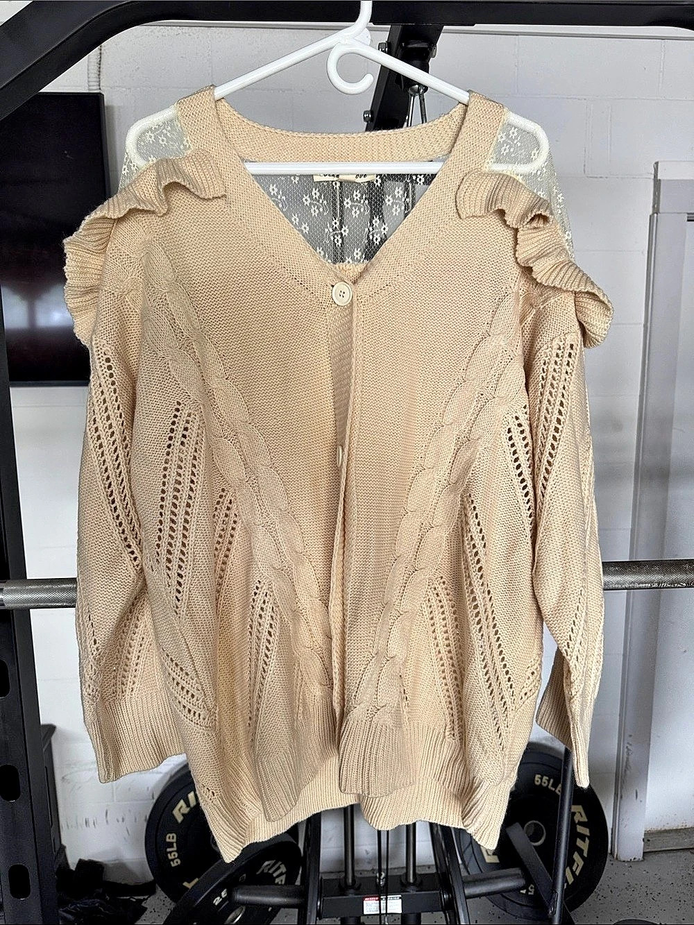 Vine & Love Ruffle V-Neck Sweater in Beige Size Medium